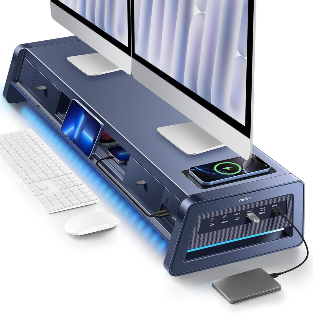 Vaydeer All-in-One Dual Monitor Stand Riser with 2 Drawers